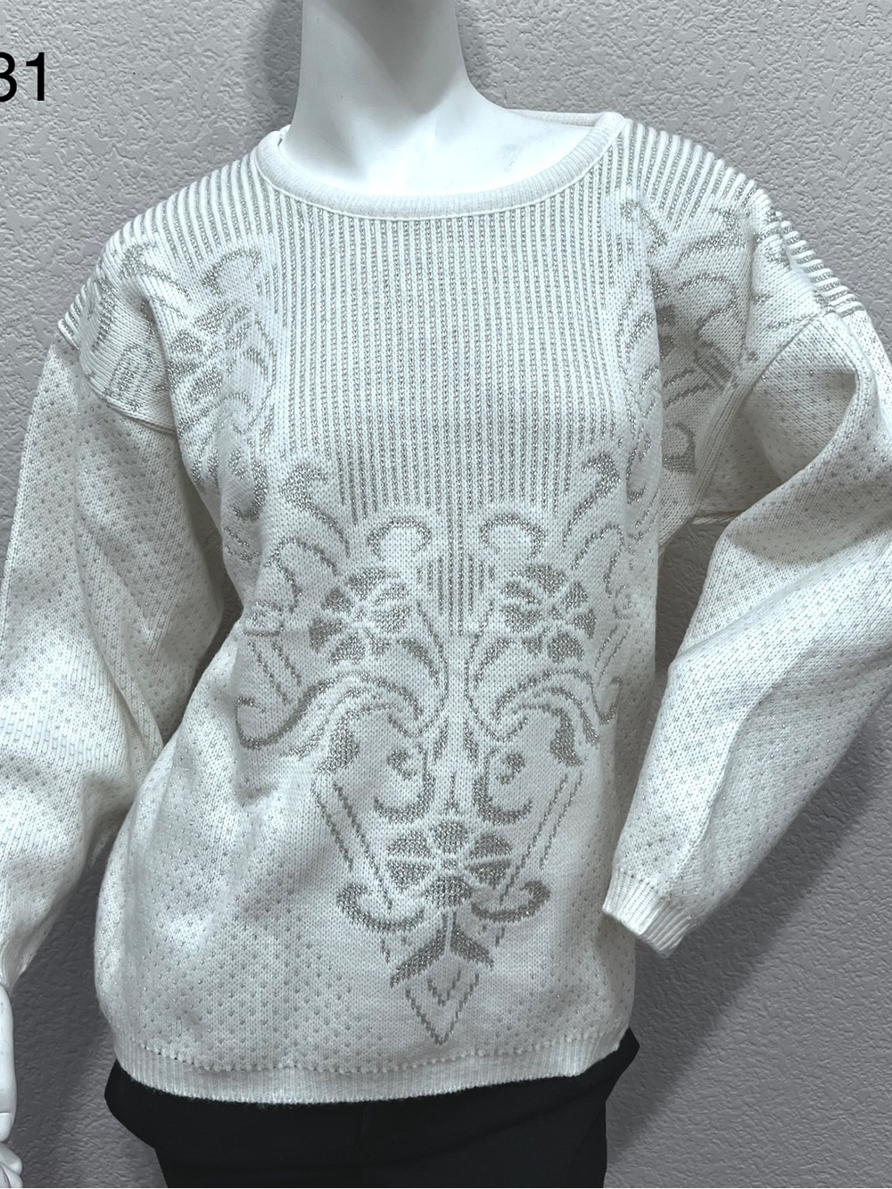 Vintage Kate Collins USA White Silver metallic Lurex Sweater L floral Glam